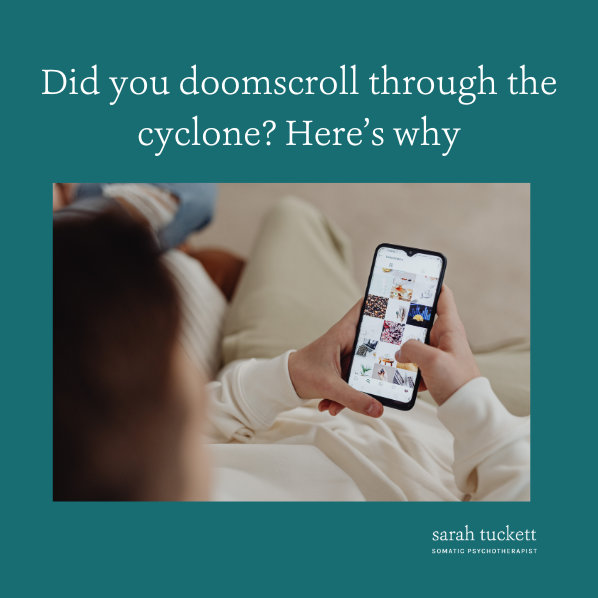 Photo of a lady doomscrolling on her phone - learn why your nervous system state might have decided that's a good idea during Cyclone Alfred
