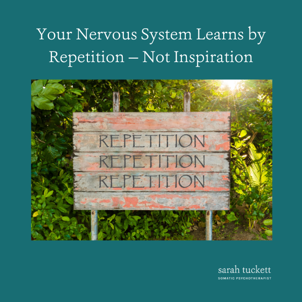 Photograph of a wooden sign with the words repetition repeated 3 times. learn to rewire your nervous system through repetition with Sarah Tuckett Somatic Psychotherapist Brisbane